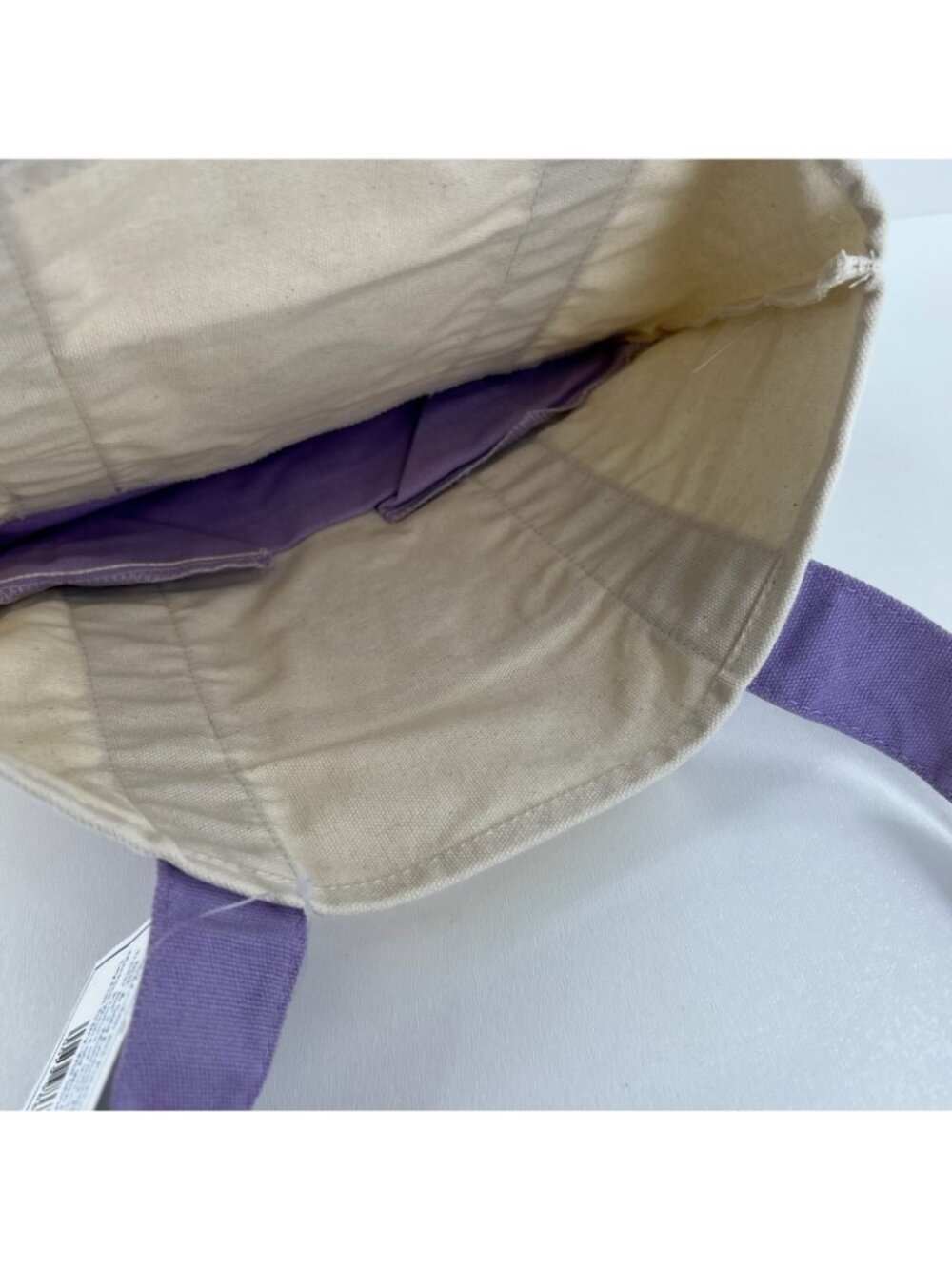 Trader Joes Mini Pastel Canvas Tote Bag Shopper Handbag Pocket Logo Purple Beige - Picture 9 of 11